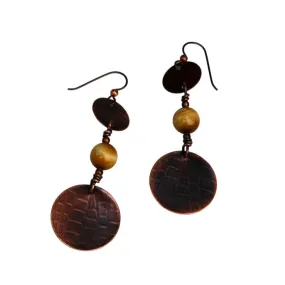 Etched Copper Double Disc Earrings with Yellow Tiger's Eye