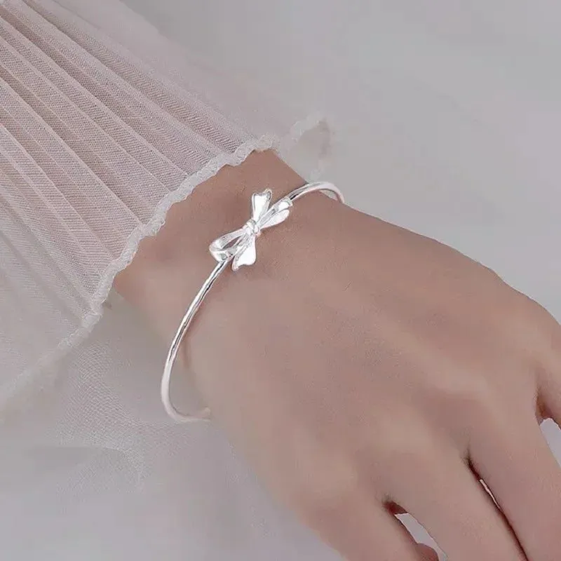 Fashion 925 Sterling silver Cute romantic bow Bangles for women noble bracelets trend party wedding designer jewelry charm gifts