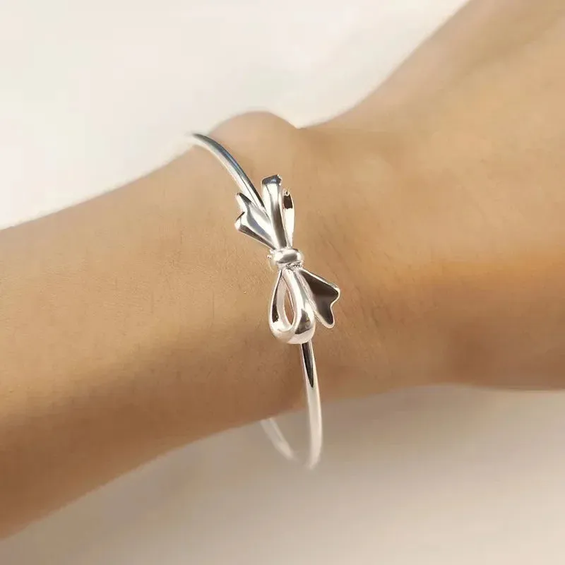 Fashion 925 Sterling silver Cute romantic bow Bangles for women noble bracelets trend party wedding designer jewelry charm gifts