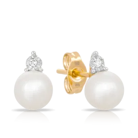 Freshwater Pearl and Diamond Stud Earrings set in 9ct Yellow Gold