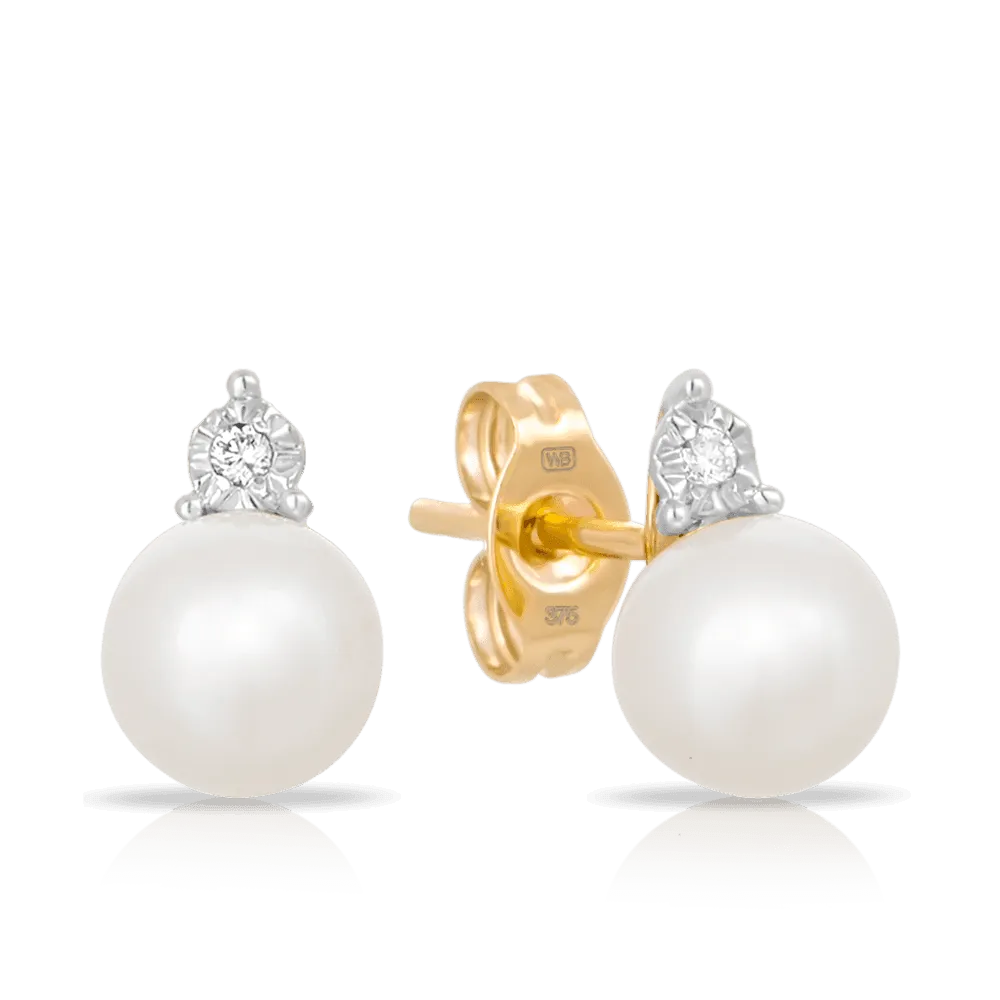 Freshwater Pearl and Diamond Stud Earrings set in 9ct Yellow Gold