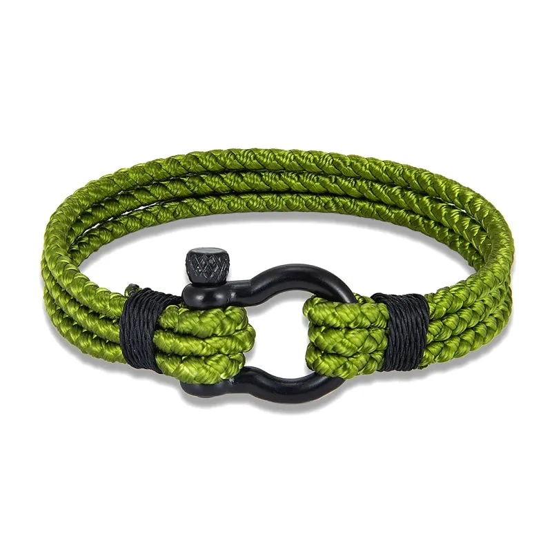 FZ Black Stainless Steel Horseshoe Buckle Olive Green Keel Rope Bracelet