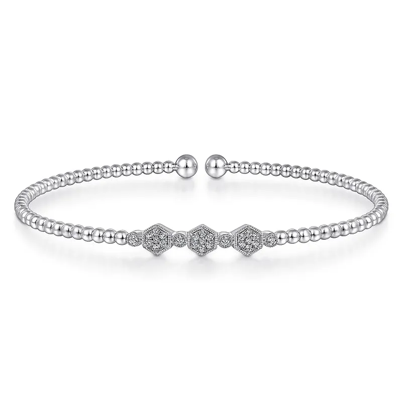 Gabriel & Co | 14K White Gold Bujukan Bead and Hexagon Cluster Diamond Bangle