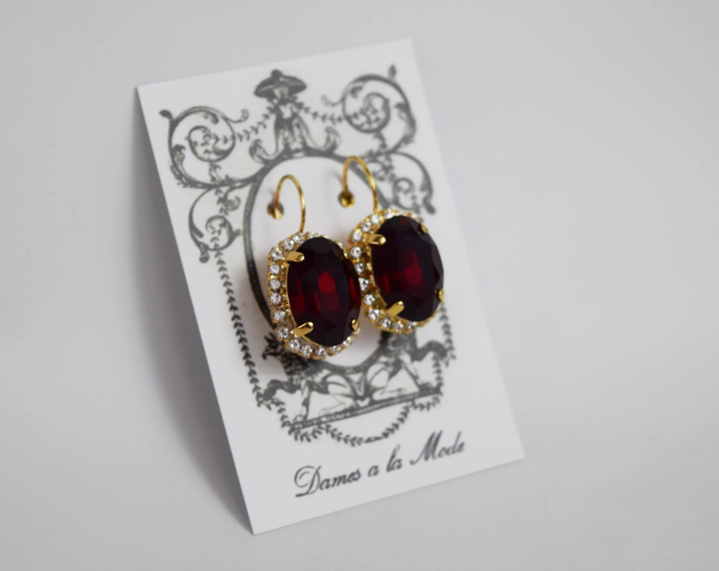 Garnet Swarovski Halo Crystal Earrings - Large Oval