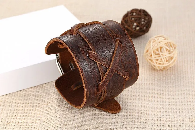 Genuine Leather CrissCross Alloy Clasp Adjustable Bracelet