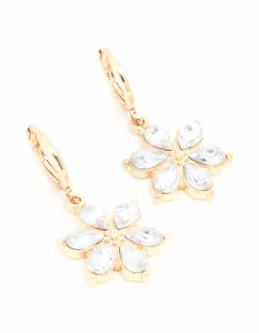 Gold Diamante Flower Clicker Drop Earrings