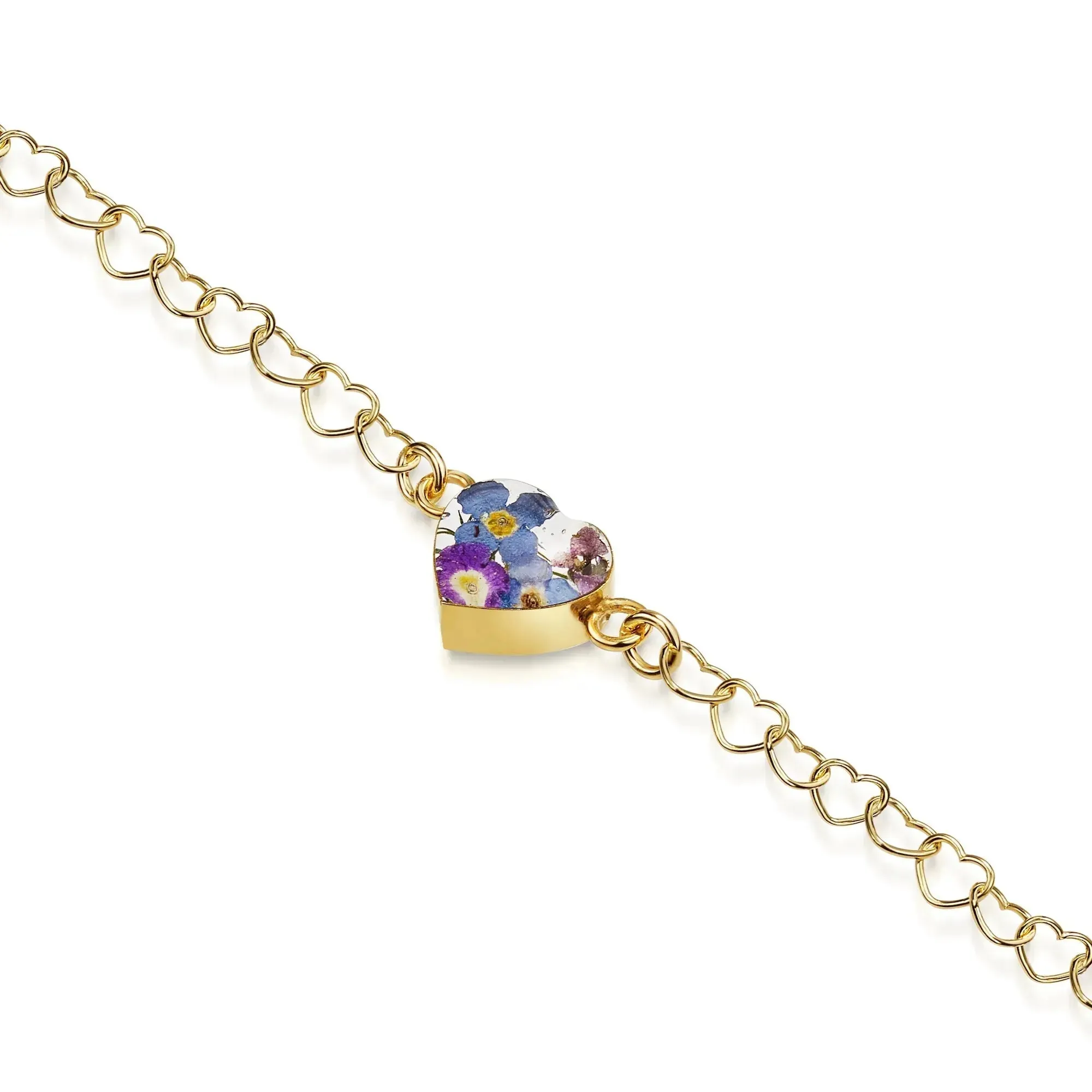 Gold plated Heart linked chain bracelet with flower charm - Purple Haze - Heart