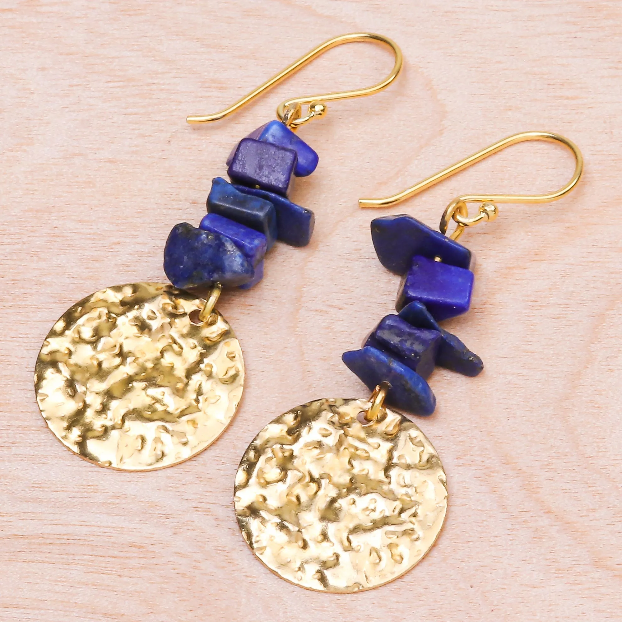 Golden Coin in Blue Handmade Lapis Lazuli Chip and Brass Coin Dangle Earrings