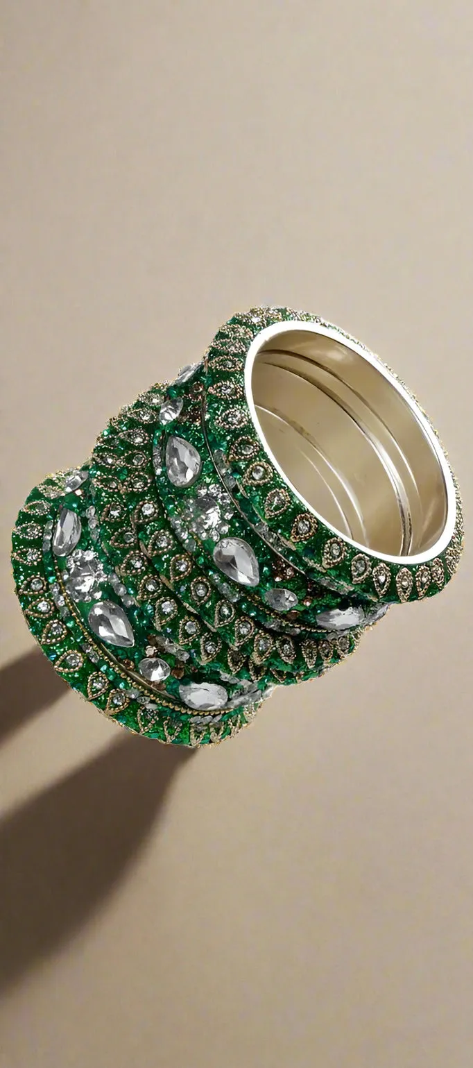 Green Intricate Diamonte Bangle Set