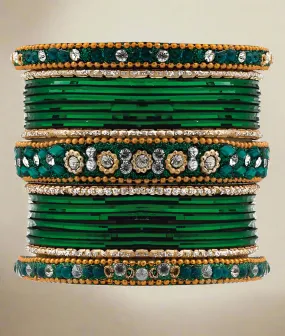 Green Ornate Studded Bangle Set