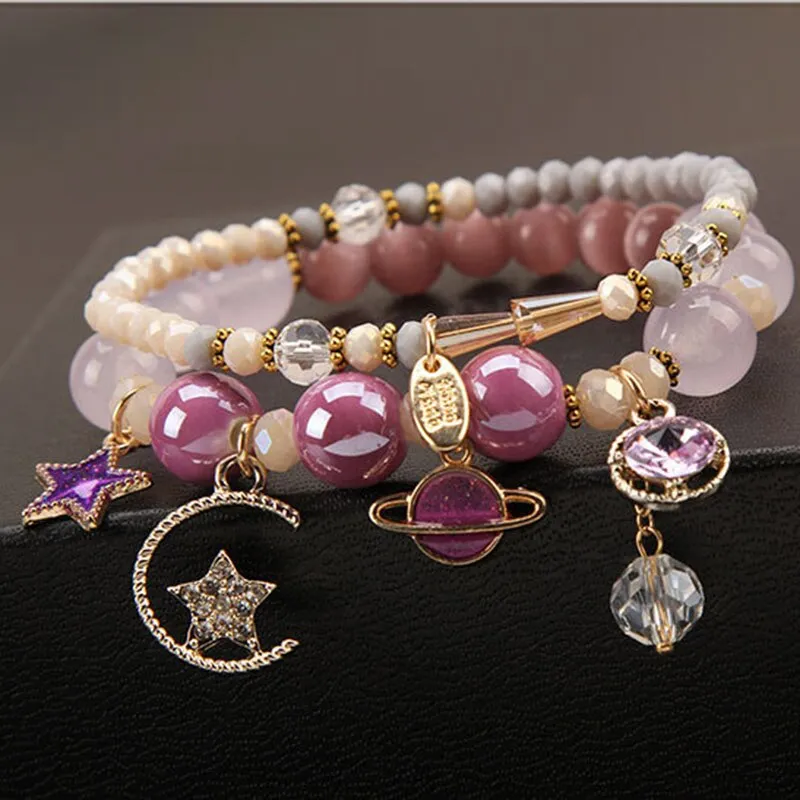 Korea Dongdaemun fashion starry sky female bracelet multi-element star moon crystal pendant beaded bracelet for women present