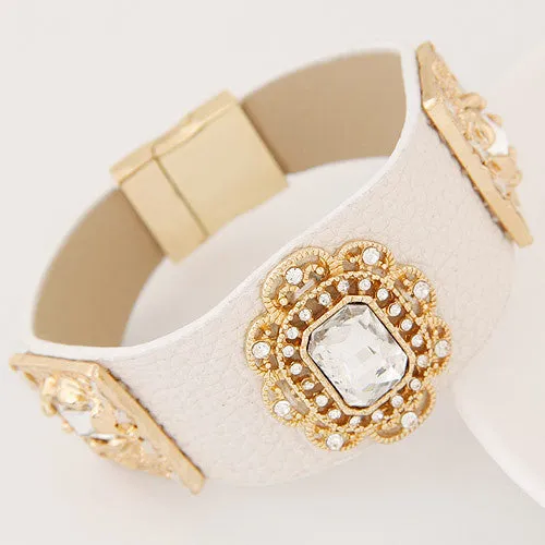 Luxury Brand Fashion Handmade Gem Rhinestone Magnetic Clasp Leather Bracelets & Bangles for Women Wide pulseras mujer