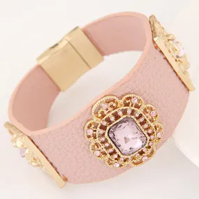 Luxury Brand Fashion Handmade Gem Rhinestone Magnetic Clasp Leather Bracelets & Bangles for Women Wide pulseras mujer