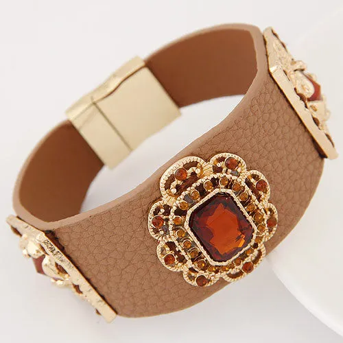 Luxury Brand Fashion Handmade Gem Rhinestone Magnetic Clasp Leather Bracelets & Bangles for Women Wide pulseras mujer