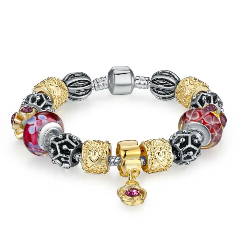 Luxury Silver Charm Bracelet for Women With Exquisite Red Murano Glass Beads DIY Birthday Gift