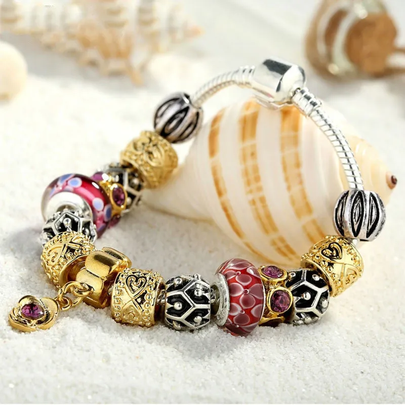 Luxury Silver Charm Bracelet for Women With Exquisite Red Murano Glass Beads DIY Birthday Gift