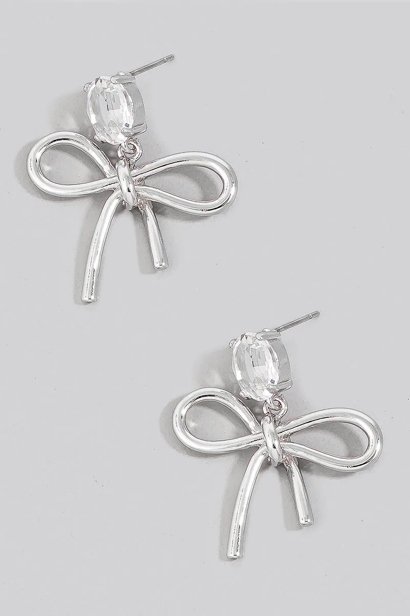 Metallic Ribbon Bow Dangle Earrings, Silver