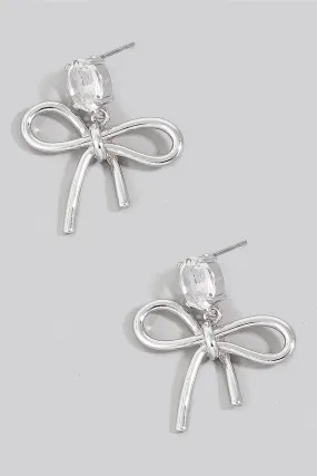 Metallic Ribbon Bow Dangle Earrings, Silver