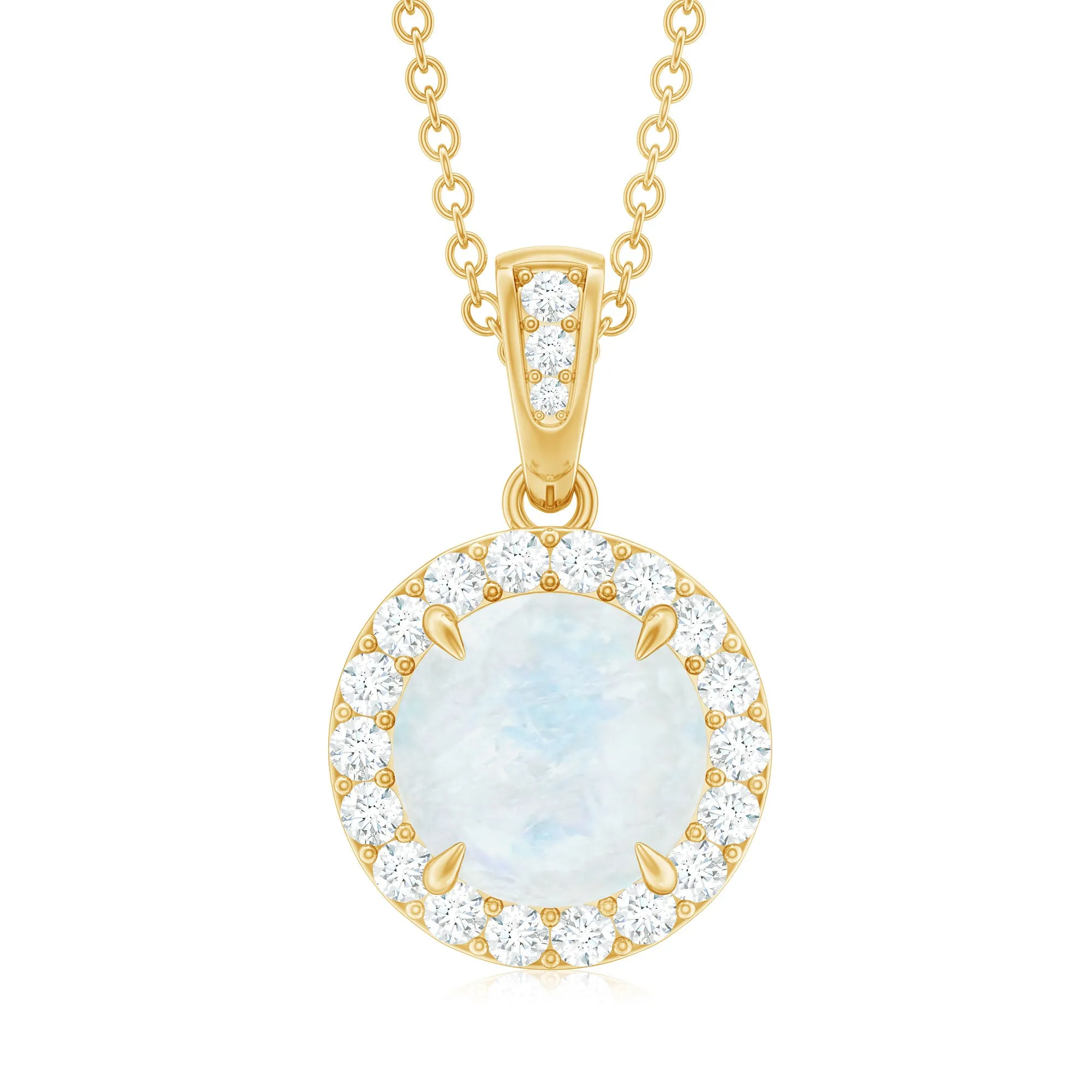 Minimal Round Moonstone Halo Pendant with Diamond