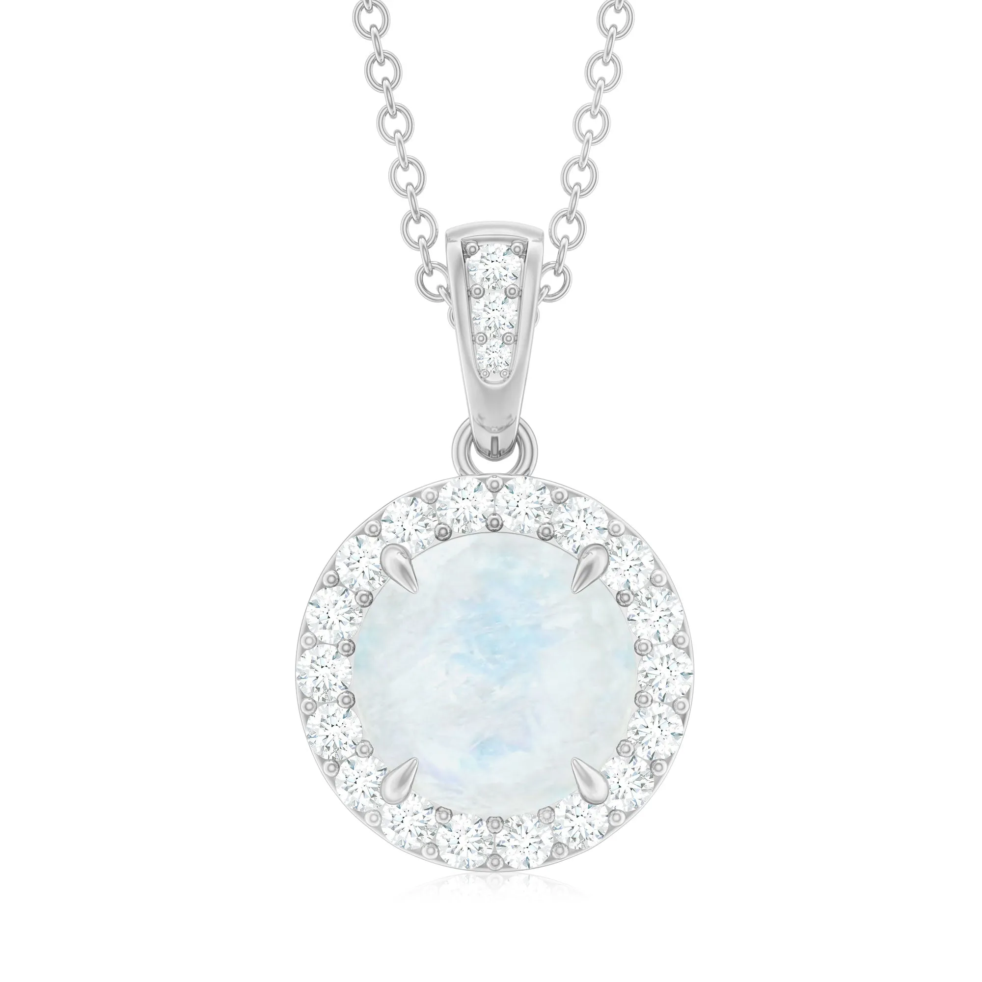 Minimal Round Moonstone Halo Pendant with Diamond