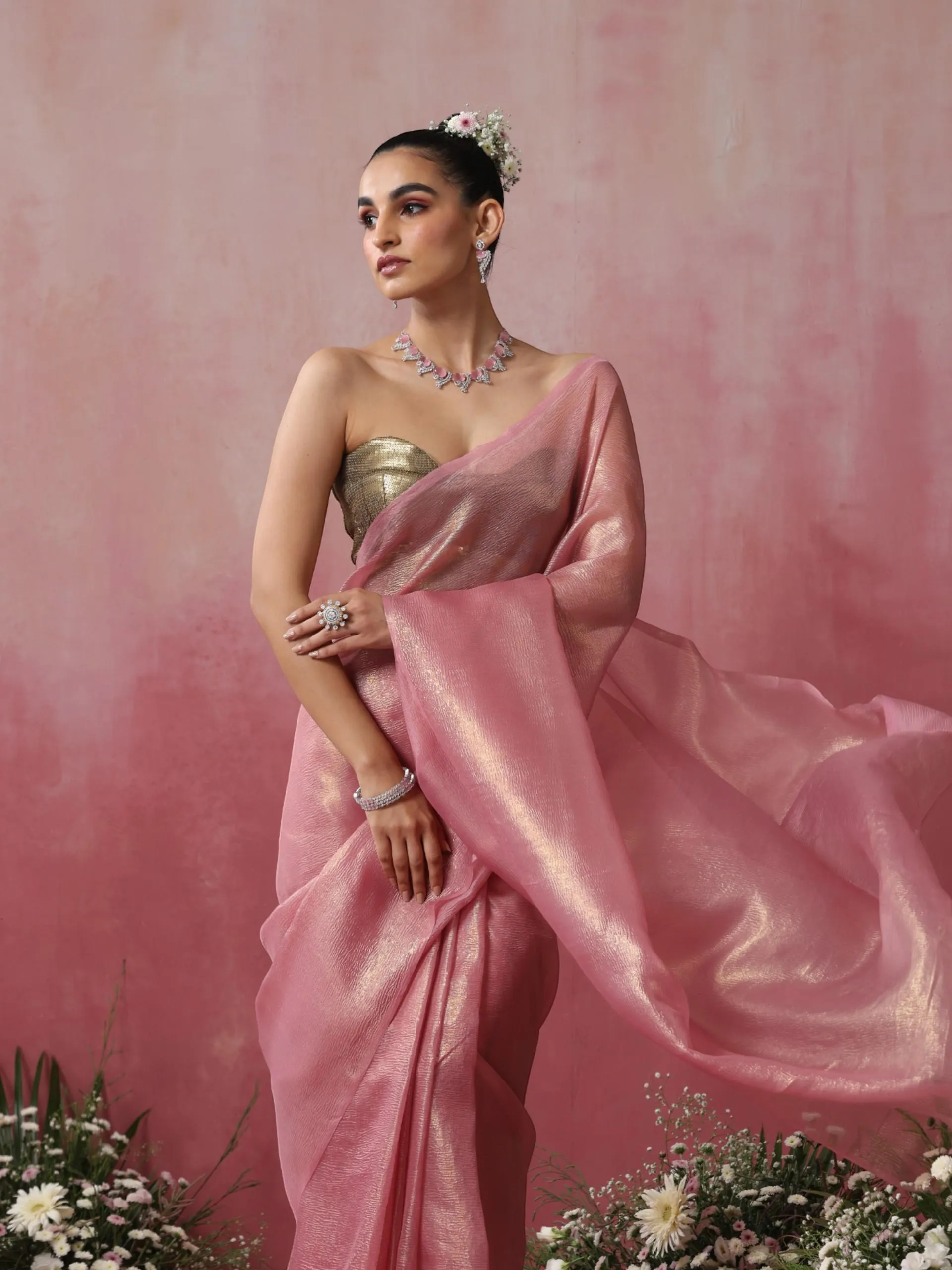 Pink Goldy Crushed Organza Saree with Pendants