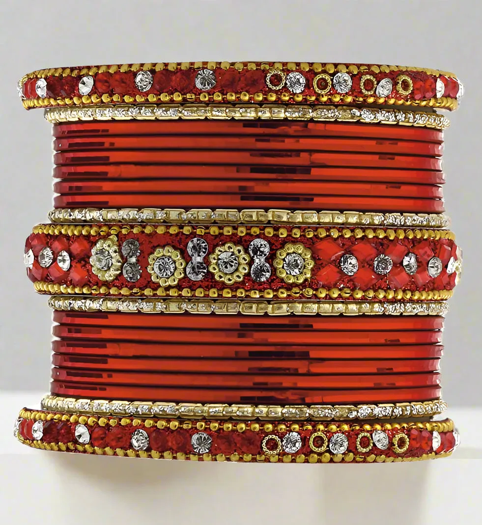 Red Ornate Studded Bangle Set