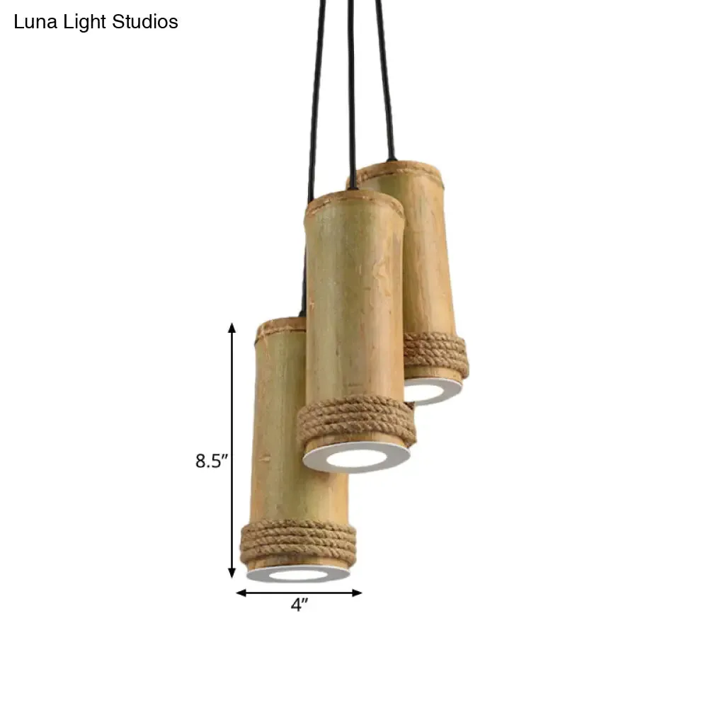 Restaurant Ceiling Fixture: Bamboo Cylinder 3-Light Cluster Pendant Light in Light Brown