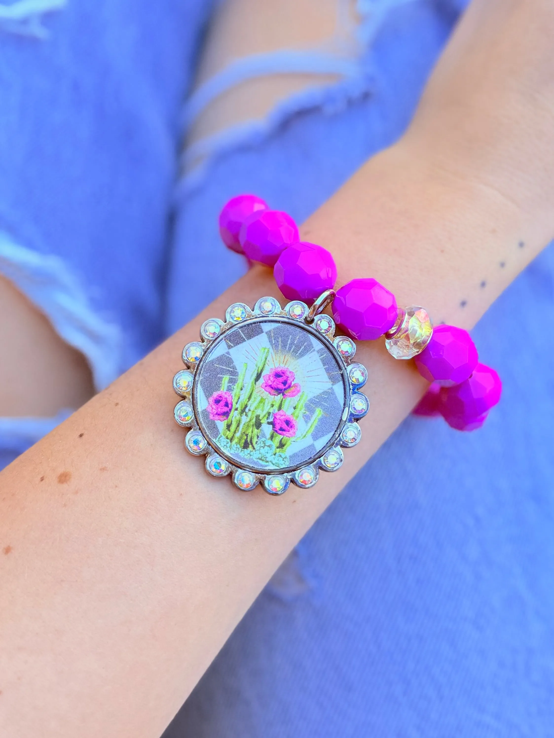 Rich Magenta Cactus Graphic Embellished Bracelet