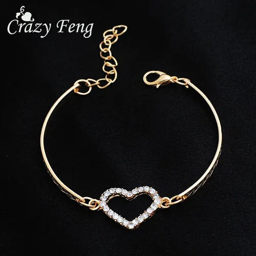 Romantic Love Heart Shaped Charm Bracelets Bangles Jewelry For Women Gold-color Austrian Crystal Chain Bracelet Pulseras