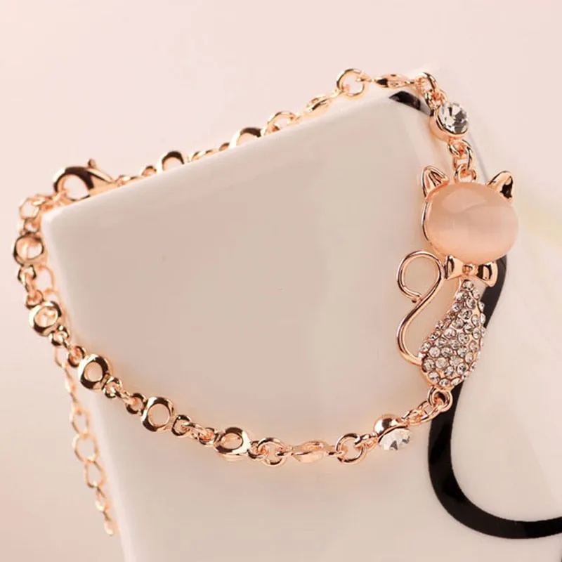 Rose Gold Alloy Lovely Cat Crystal Bracelets