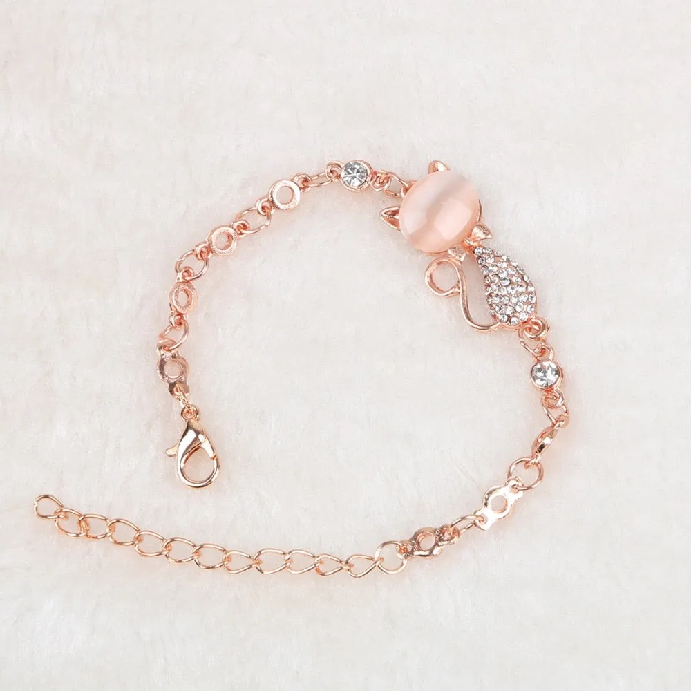 Rose Gold Alloy Lovely Cat Crystal Bracelets