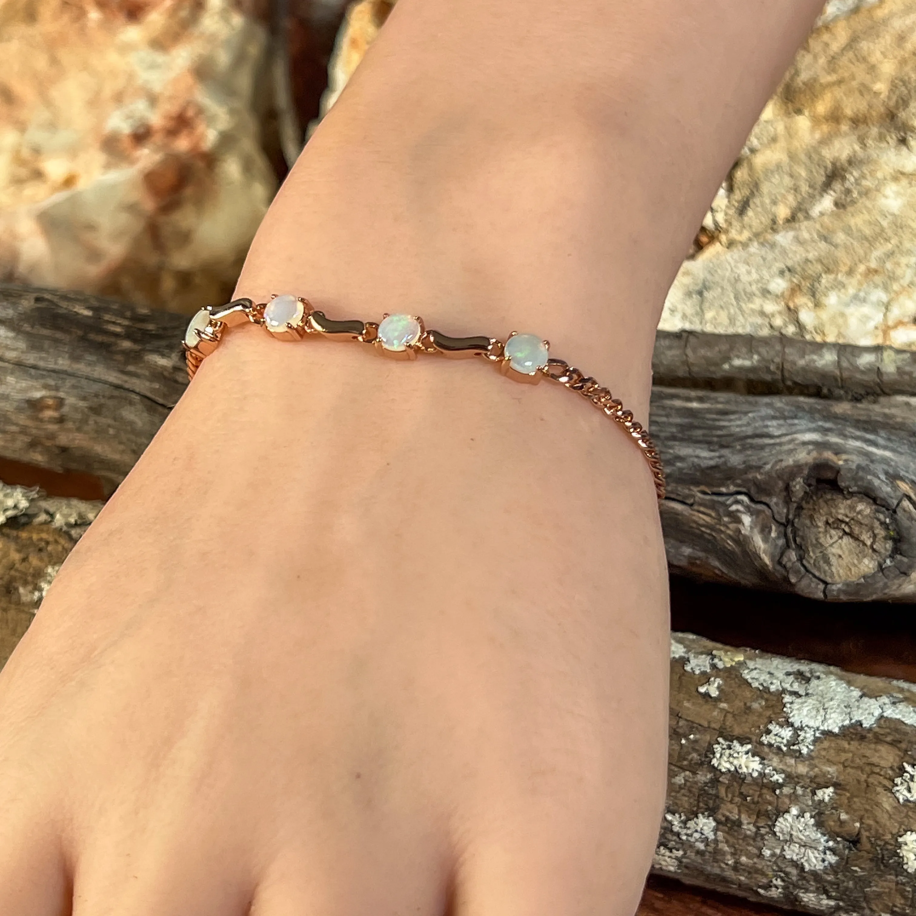 Rose Gold Plated Sterling Silver white opal 5mm bracelet wave pattern