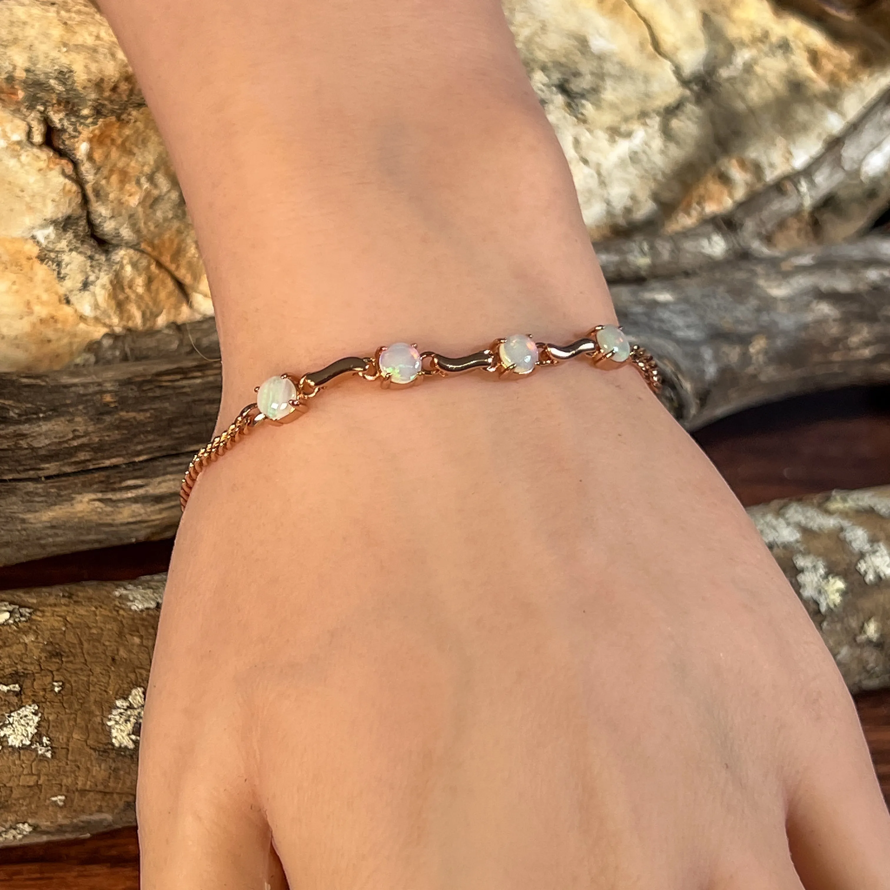 Rose Gold Plated Sterling Silver white opal 5mm bracelet wave pattern