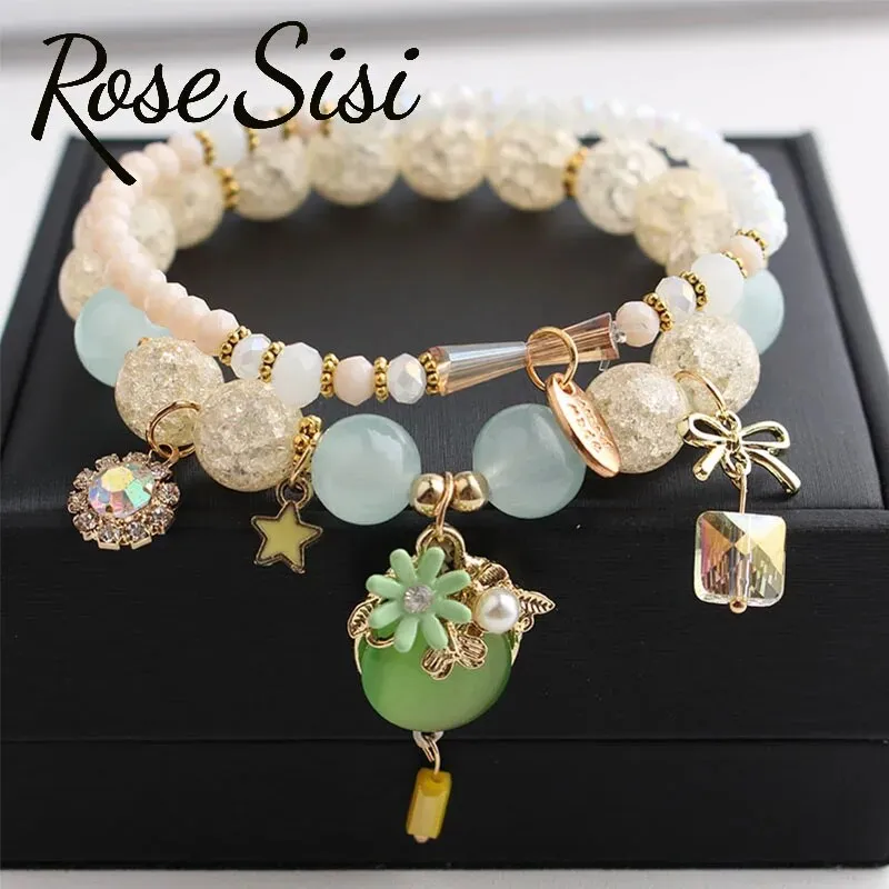 Rose sisi Korean style wrist bracelet for woman fresh and cute glass women's beads opal pendant 2-piece bracelets for women