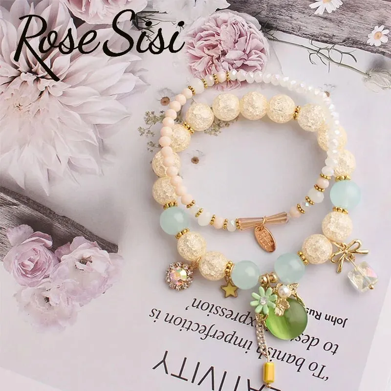 Rose sisi Korean style wrist bracelet for woman fresh and cute glass women's beads opal pendant 2-piece bracelets for women