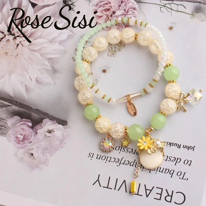 Rose sisi Korean style wrist bracelet for woman fresh and cute glass women's beads opal pendant 2-piece bracelets for women