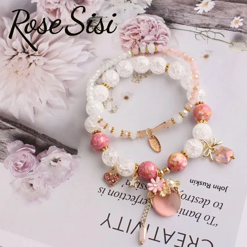 Rose sisi Korean style wrist bracelet for woman fresh and cute glass women's beads opal pendant 2-piece bracelets for women