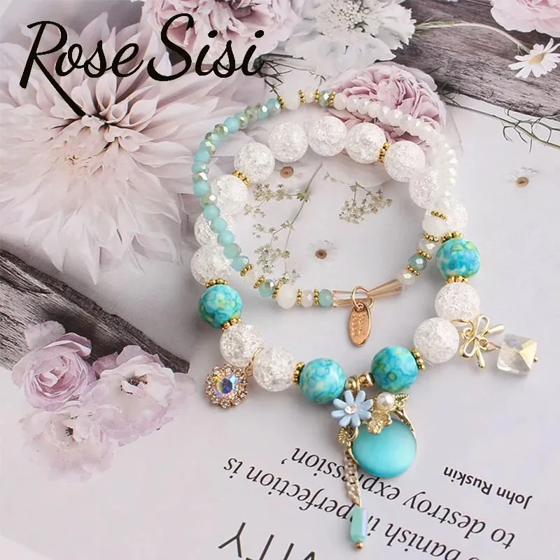 Rose sisi Korean style wrist bracelet for woman fresh and cute glass women's beads opal pendant 2-piece bracelets for women