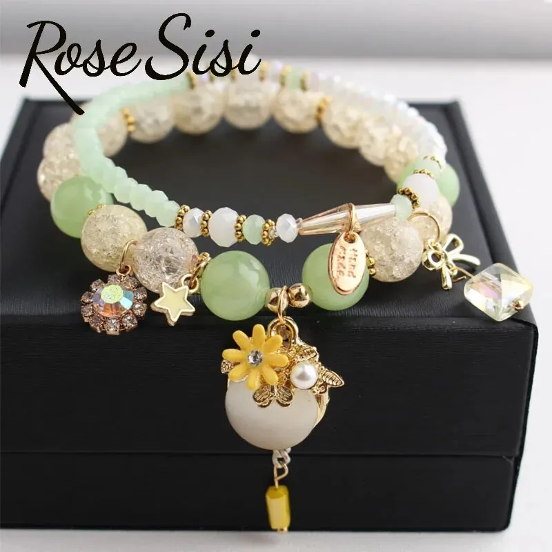 Rose sisi Korean style wrist bracelet for woman fresh and cute glass women's beads opal pendant 2-piece bracelets for women