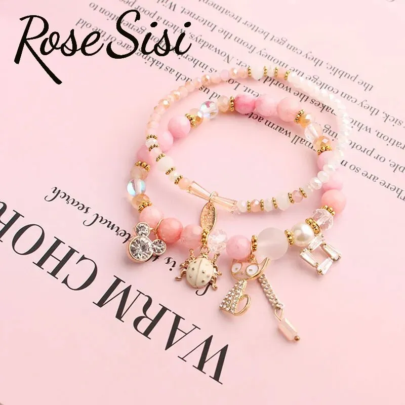 Rose sisi Korean style wrist bracelet for woman fresh and cute glass women's beads opal pendant 2-piece bracelets for women