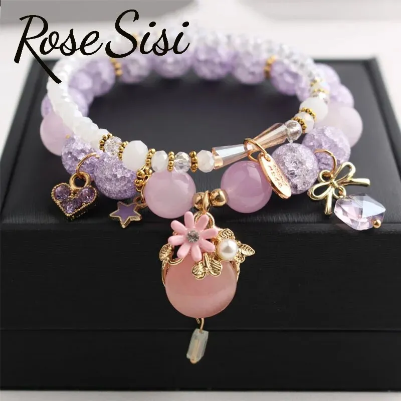 Rose sisi Korean style wrist bracelet for woman fresh and cute glass women's beads opal pendant 2-piece bracelets for women