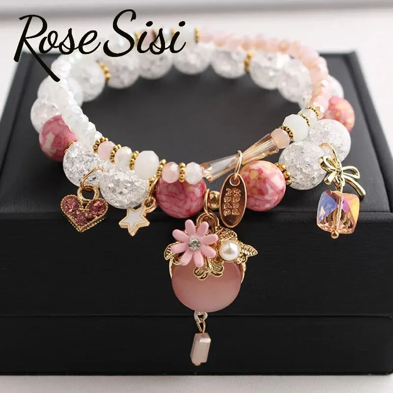 Rose sisi Korean style wrist bracelet for woman fresh and cute glass women's beads opal pendant 2-piece bracelets for women