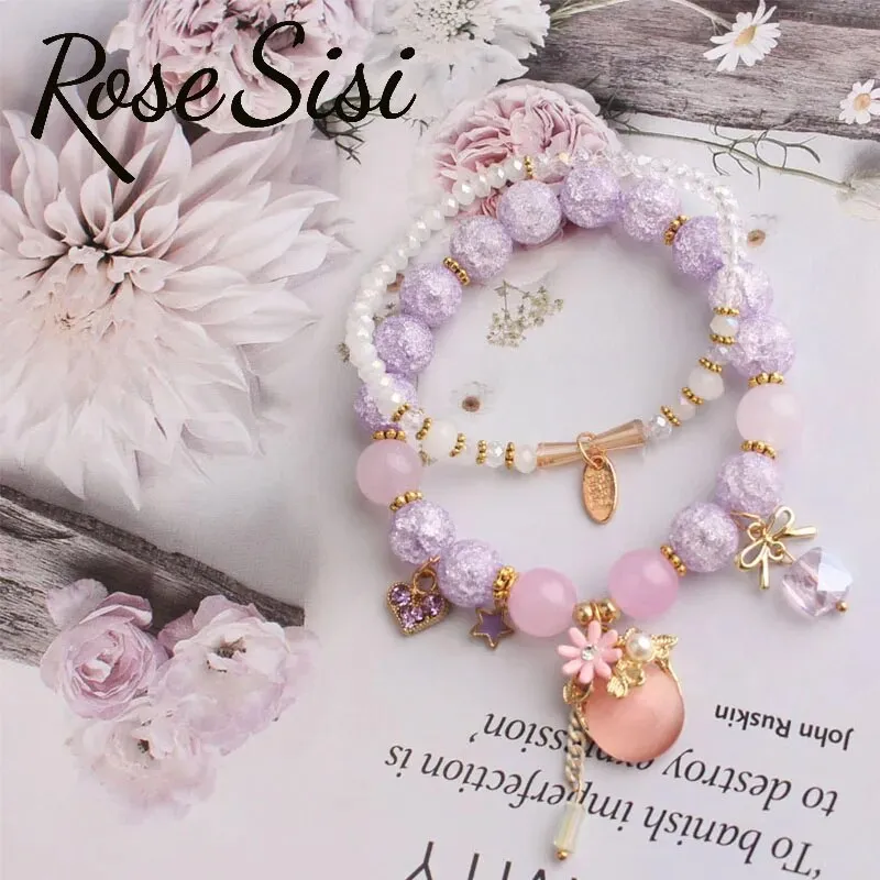 Rose sisi Korean style wrist bracelet for woman fresh and cute glass women's beads opal pendant 2-piece bracelets for women