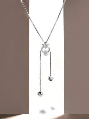 Rubans Rhodium Plated, Minimal Chain Heart Motif Solitaire Zircons Studded Drop Necklace.