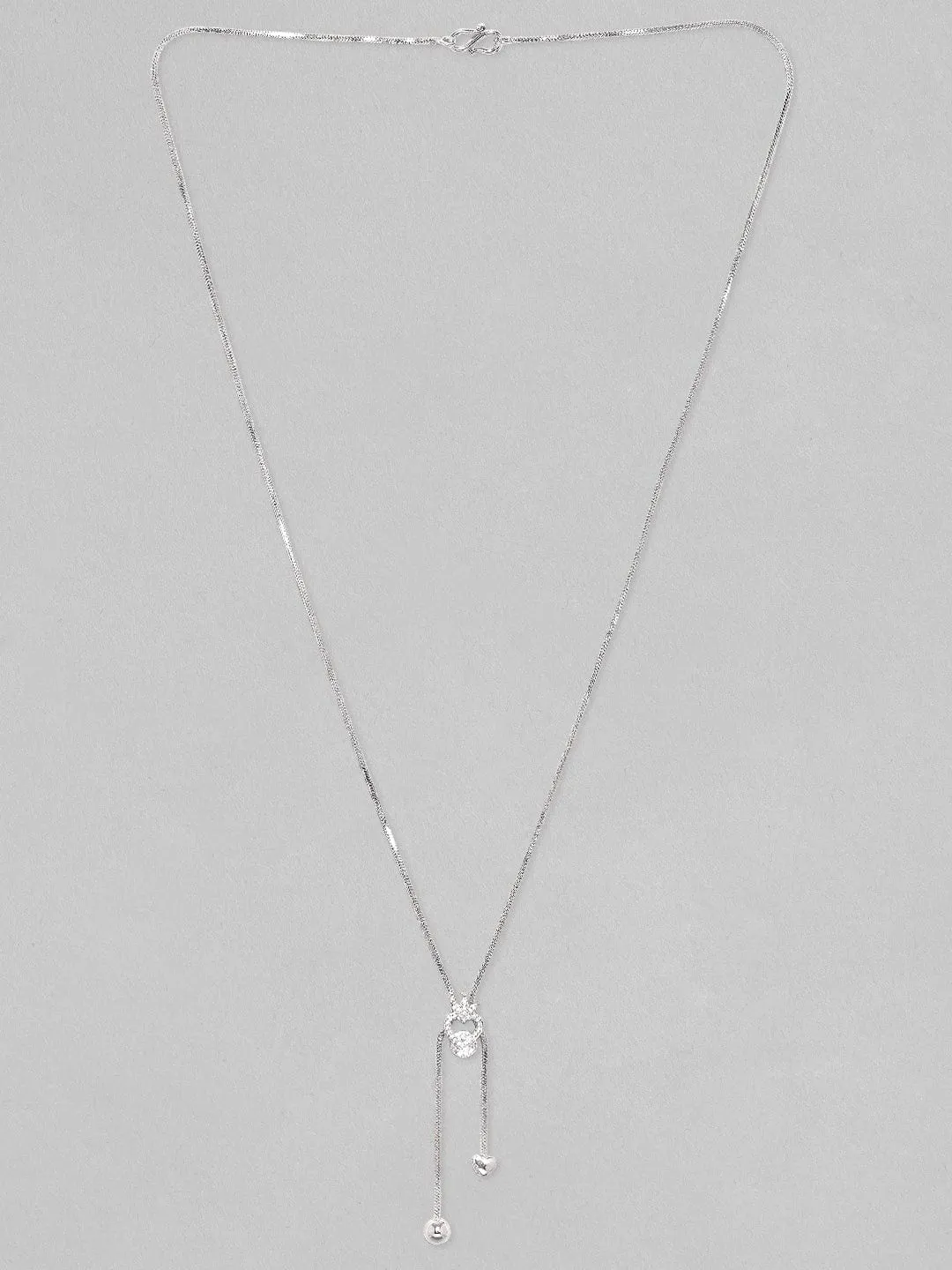 Rubans Rhodium Plated, Minimal Chain Heart Motif Solitaire Zircons Studded Drop Necklace.