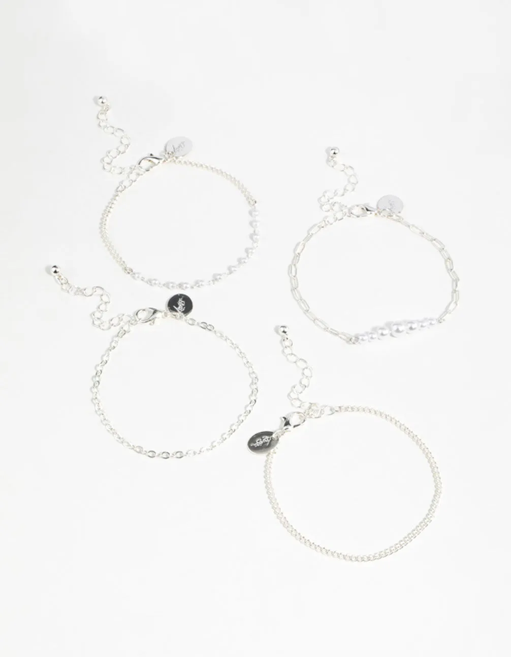 Silver Pearl Paperclip Chain Bracelets 4-Pack