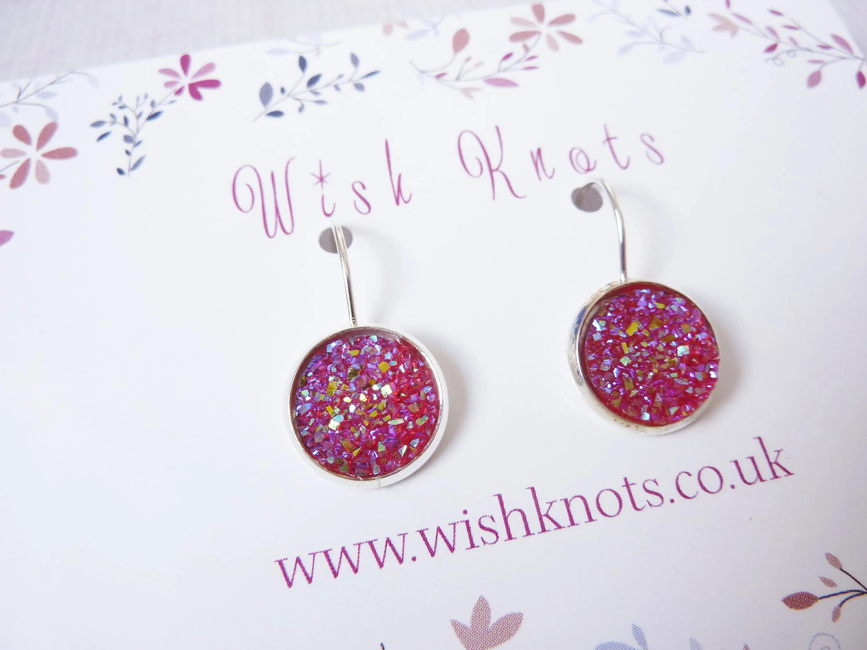 Stardust Druzy Earrings - Pink Sparkle Glitter Silver Plated Leverback Earrings.