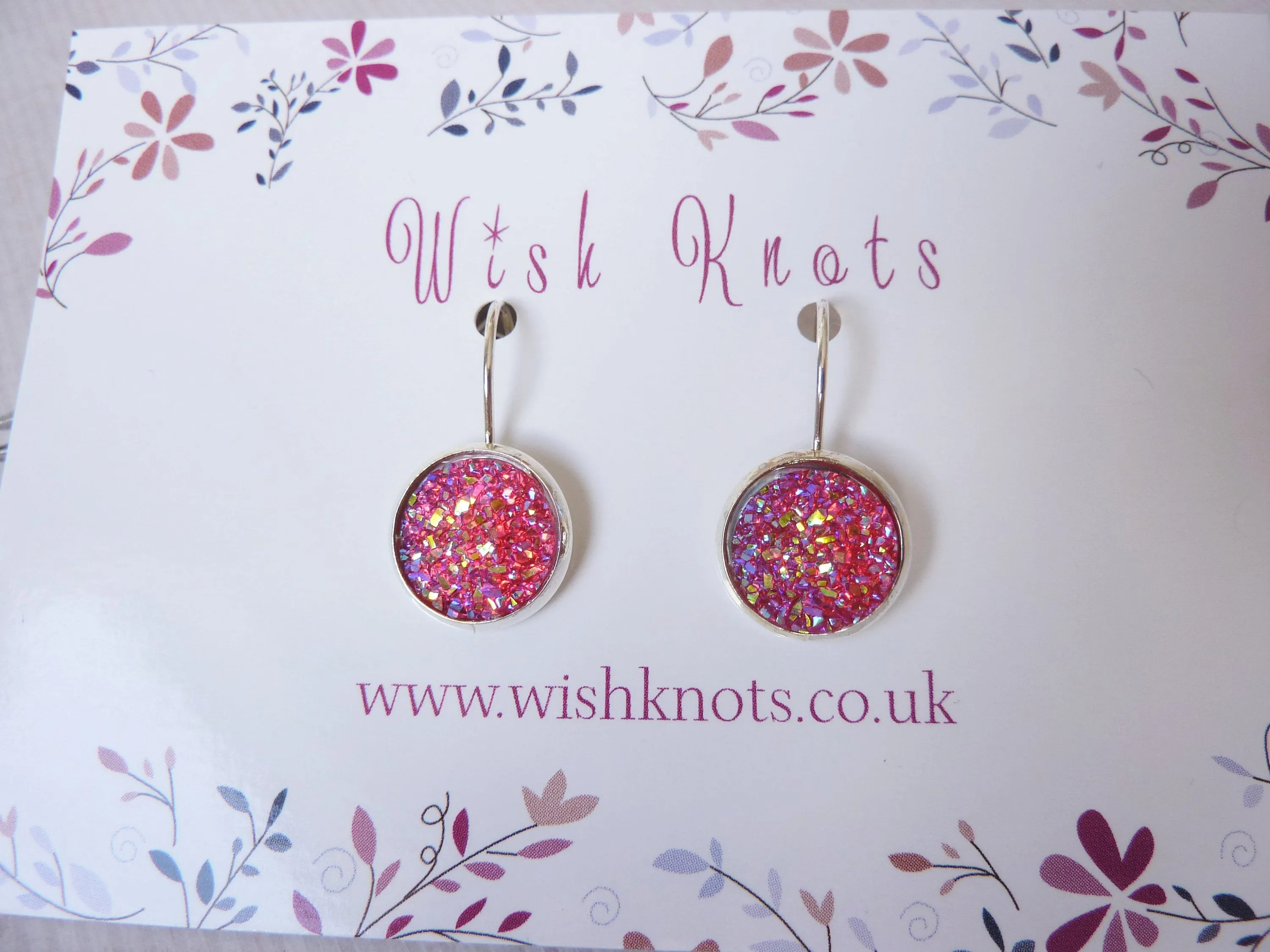 Stardust Druzy Earrings - Pink Sparkle Glitter Silver Plated Leverback Earrings.