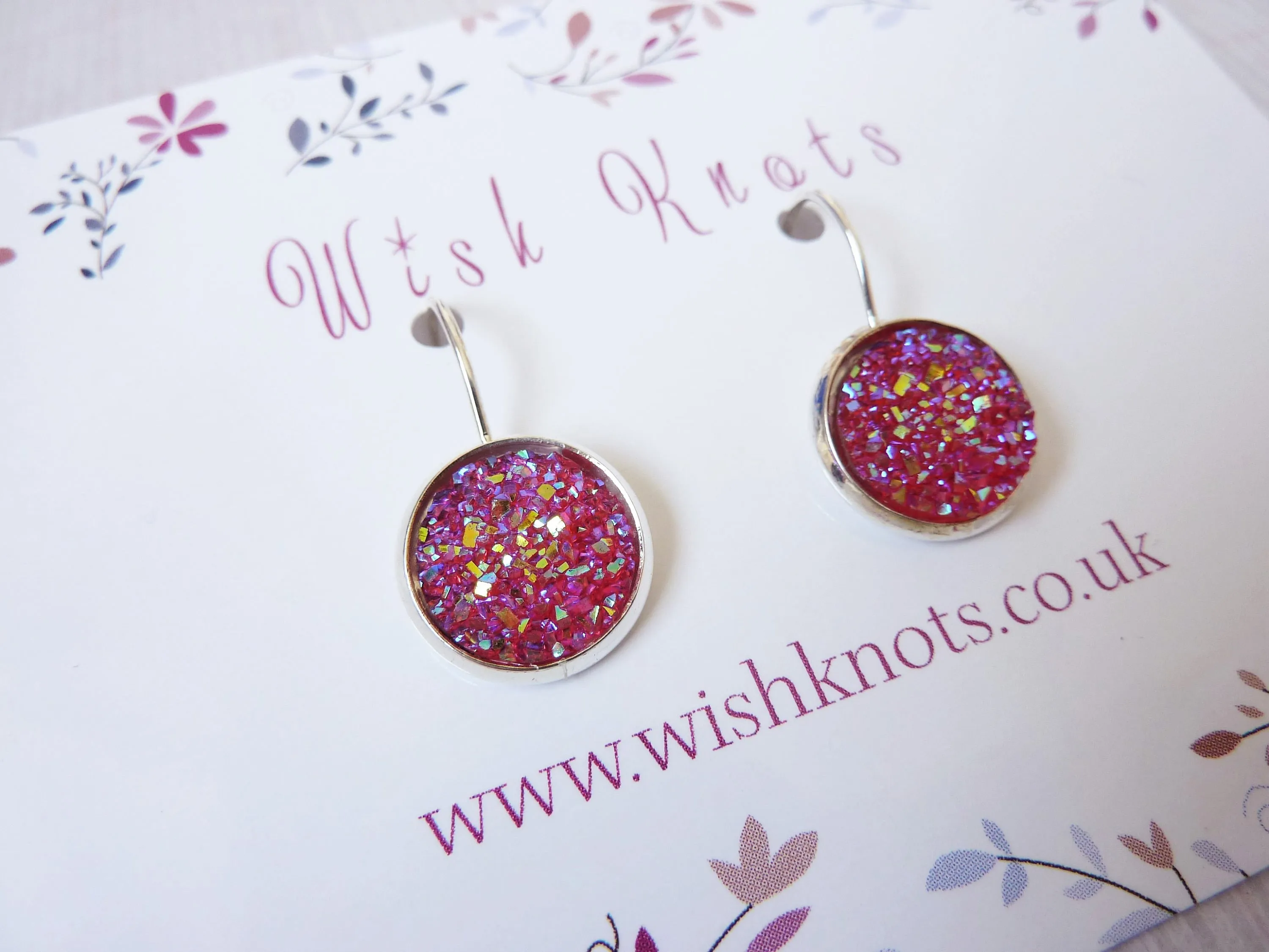 Stardust Druzy Earrings - Pink Sparkle Glitter Silver Plated Leverback Earrings.