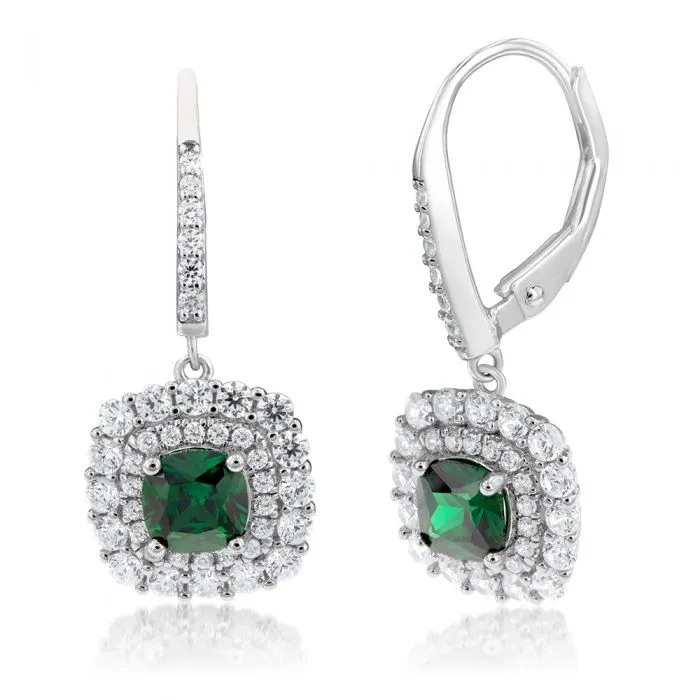 Sterling Silver Rhodium Plated Green And White Cubic Zirconia Cushion Drop Earrings